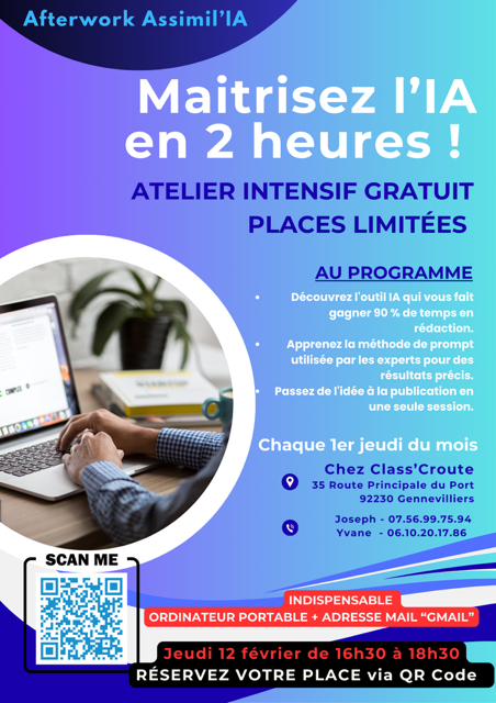 Yvane vous invite � ma�trisez l'IA en 2h avec un Atelier gratuit � Class'Croute Port de Gennevilliers 