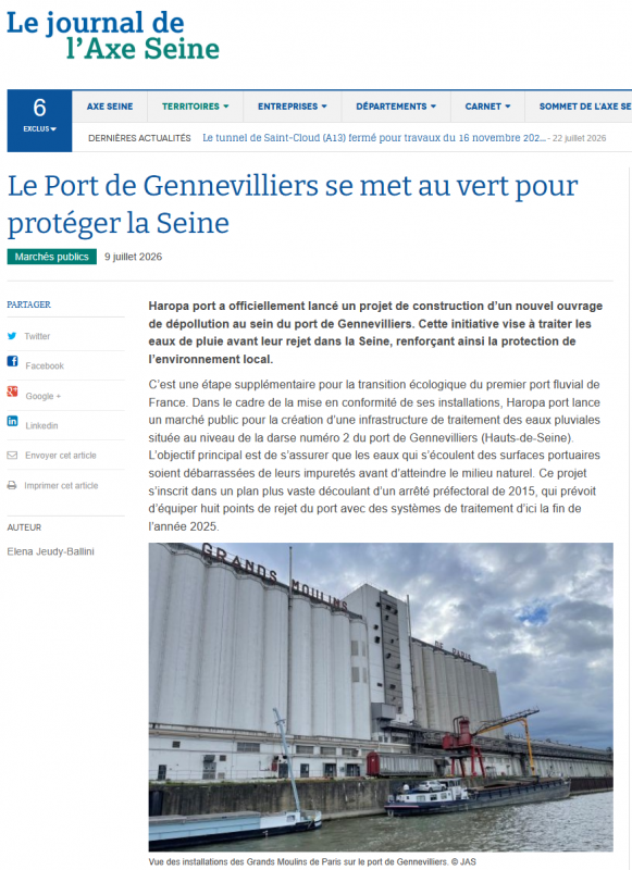 Lu dans le Journal de l'Axe Seine du 09/07/2026 - Le Port de Gennevilliers se met au vert pour protéger la Seine