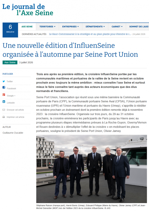 Lu dans le Journal de l'Axe Seine du 03/07/2026 - Une nouvelle édition d’InfluenSeine organisée à l’automne par Seine Port Union